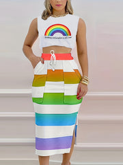 Casual Two piece Skirt Set Crop Tank Top & Striped Drawstring Side Split Skirt