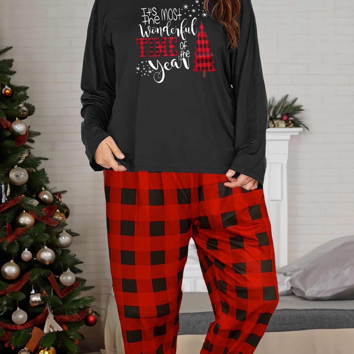  Christmas Lounge Set Women's Xmas Tee & Plaid Pants Pajamas