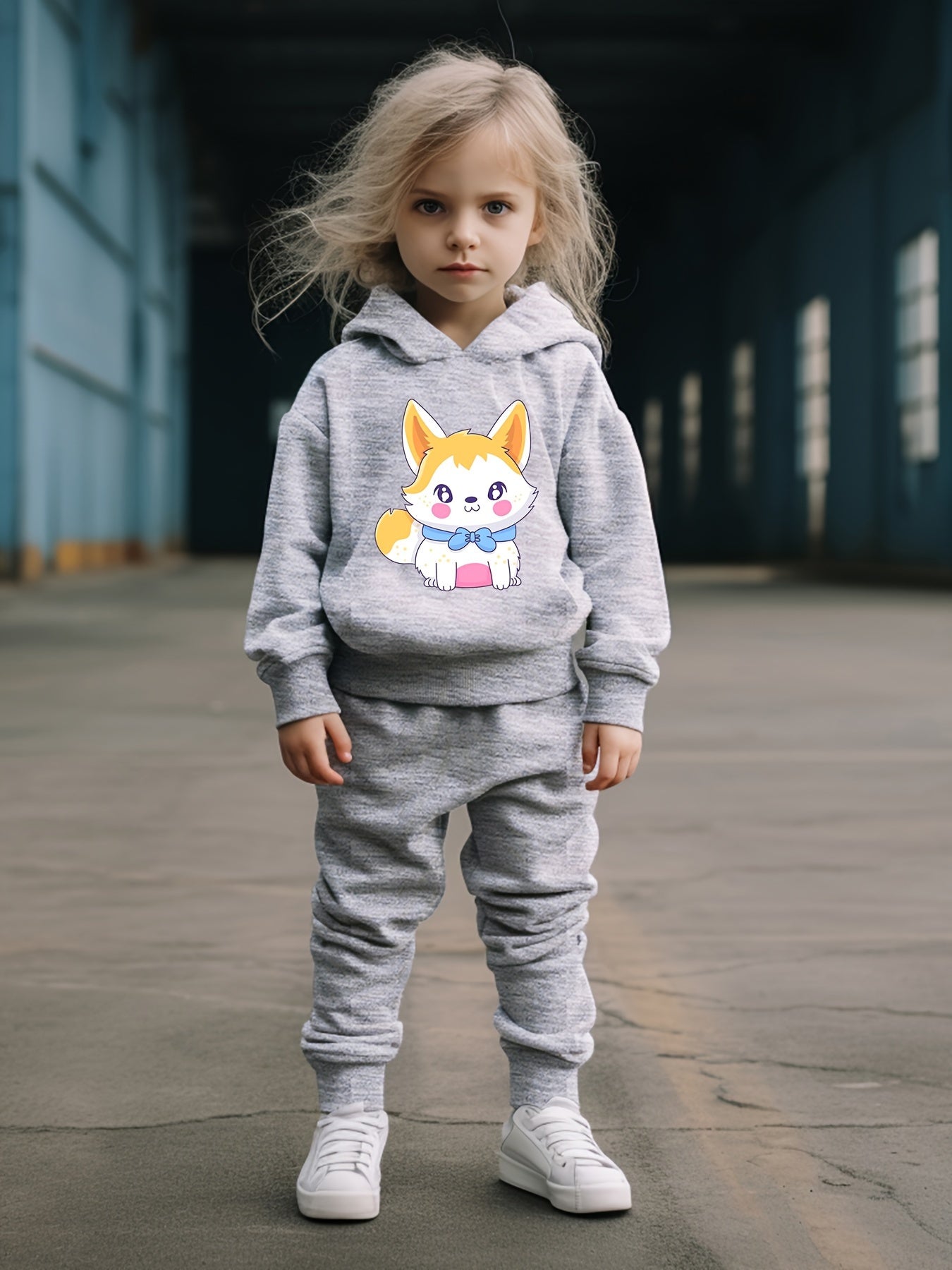 2pcs Kitty Print Hoodies Pants Set For Kids Spring Fall Sports