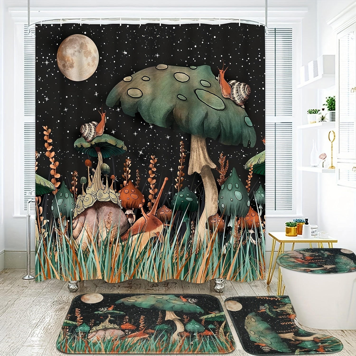 3pcs Bathroom Set with Mushroom Pattern Shower Curtain and Non Slip Bath Rug