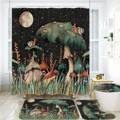 3pcs Bathroom Set with Mushroom Pattern Shower Curtain and Non Slip Bath Rug