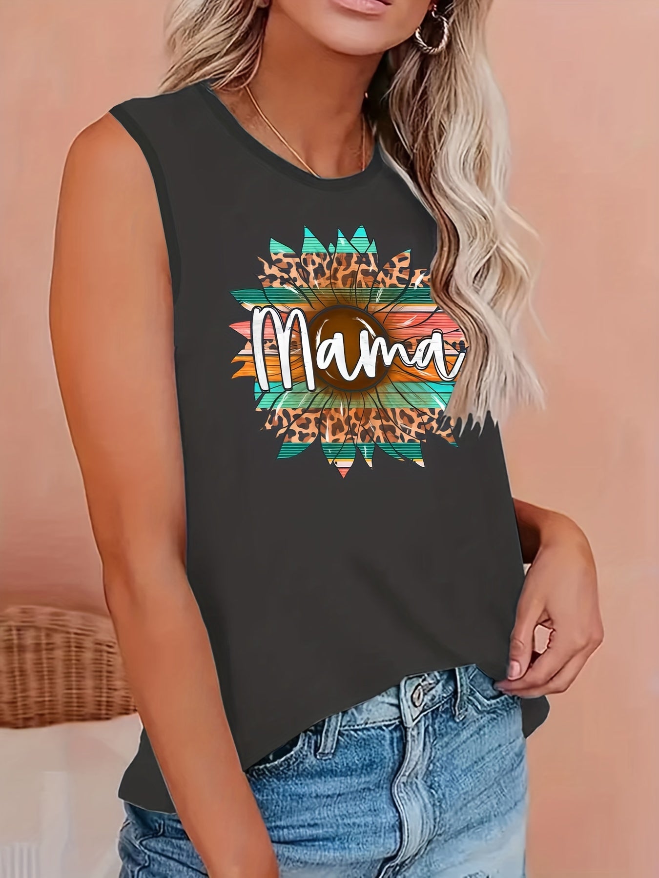  Butterfly & Sunflower Print Round Neck Tank Top