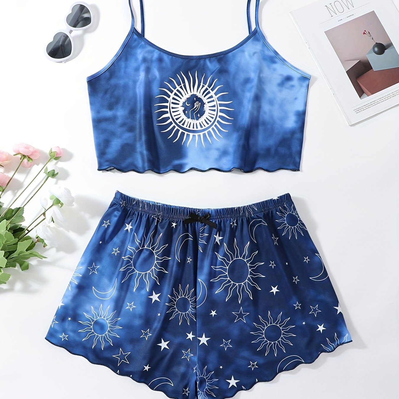  Sun & Moon Print Ruffle Trim Pajama Set