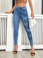Butterfly Print Skinny Jeans High Rise Denim Pants