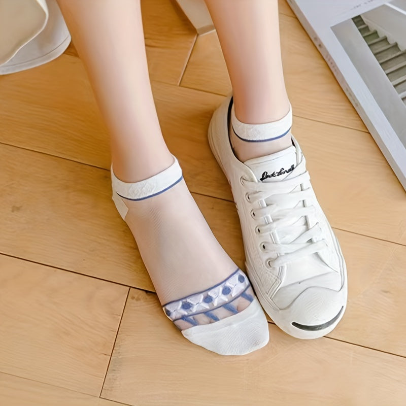 5 Pairs Striped Mesh Socks Comfy & Breathable Sheer Short Socks