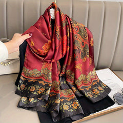 Red Peacock Print Silk Long Scarf Vintage Large Shawl