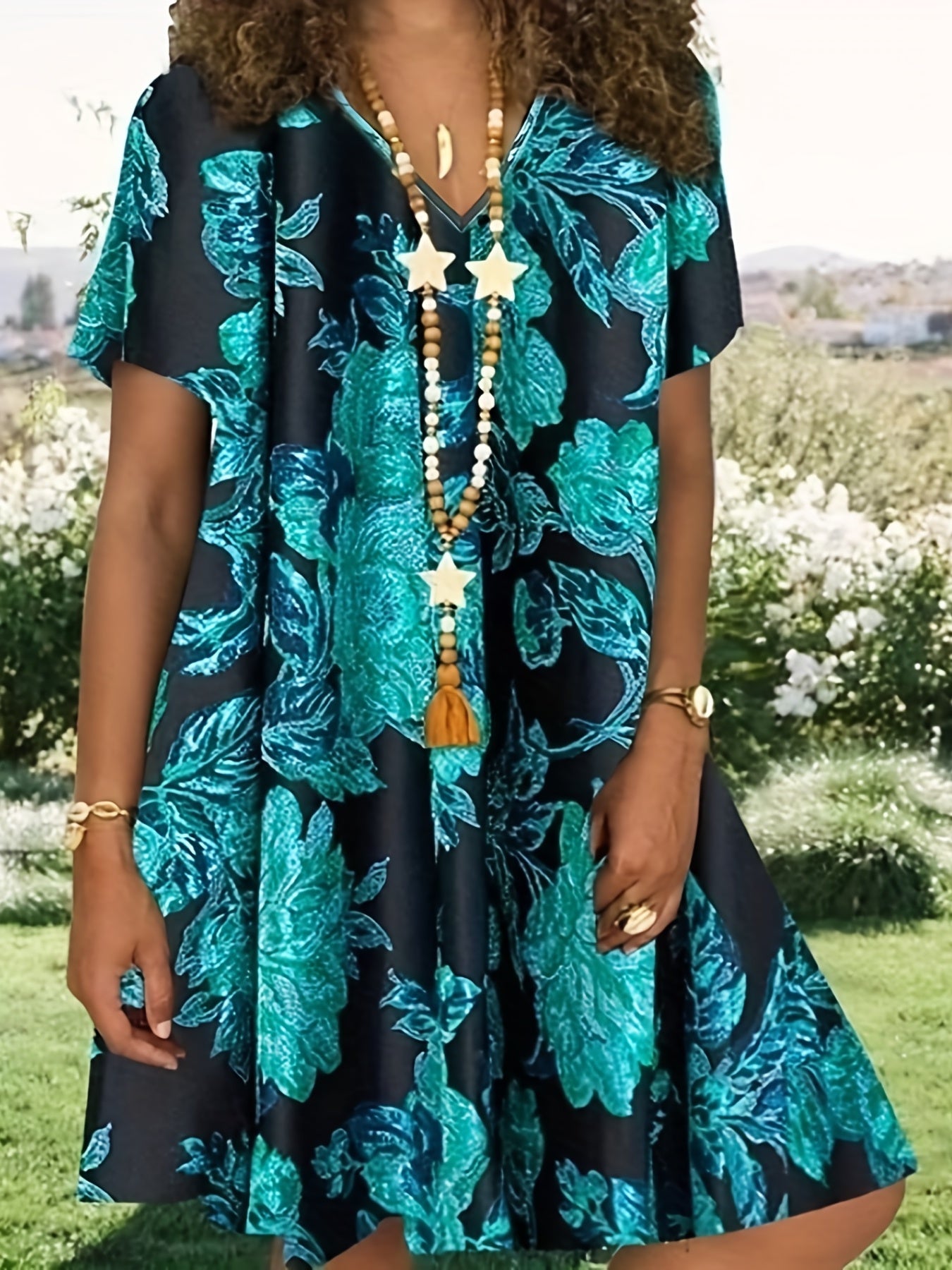  Women's Floral Print Short Sleeve V Neck Dress