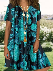  Women's Floral Print Short Sleeve V Neck Dress