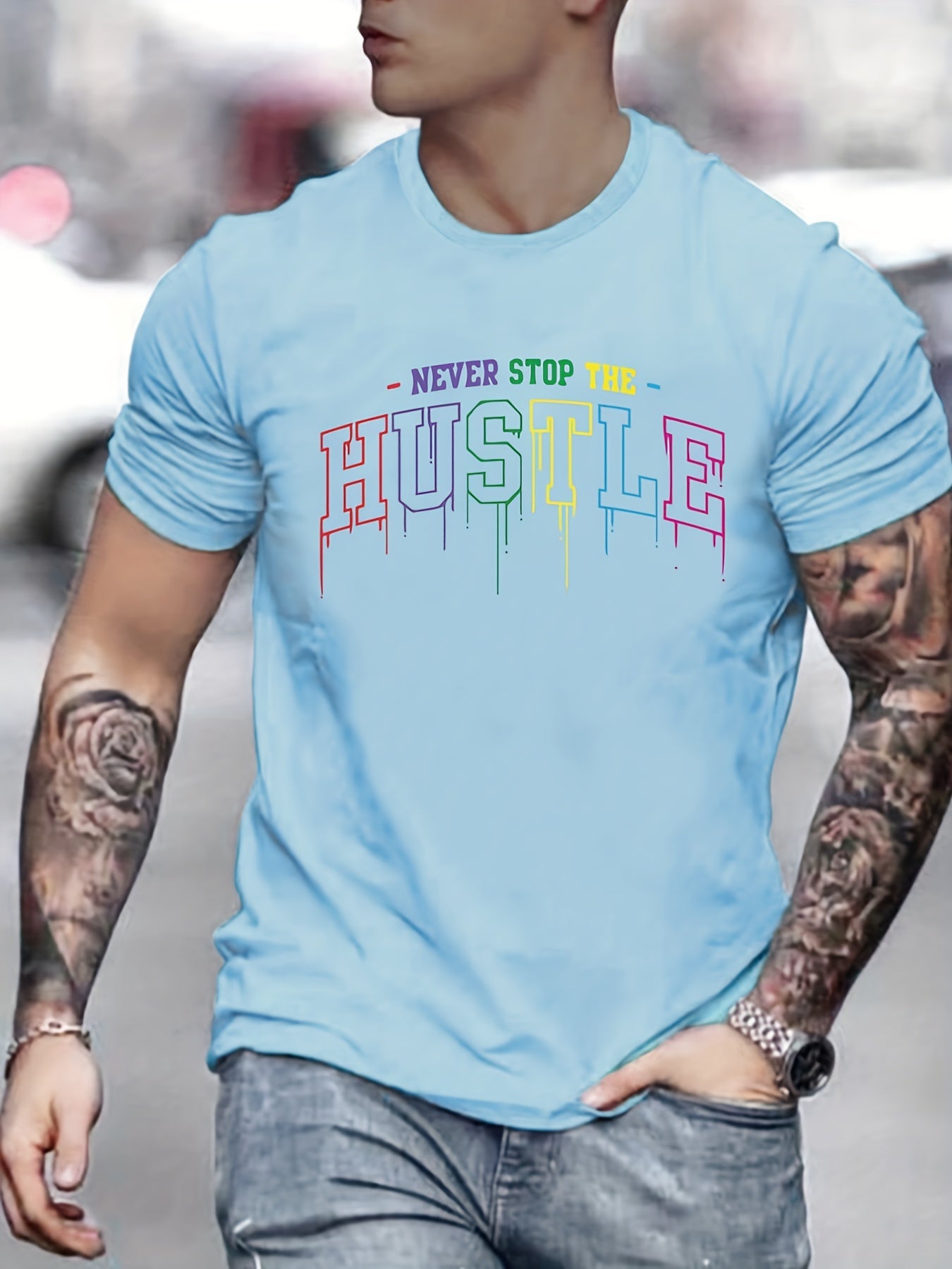 Men's Hustle Print Graphic Crew Neck T-shirt for Summer