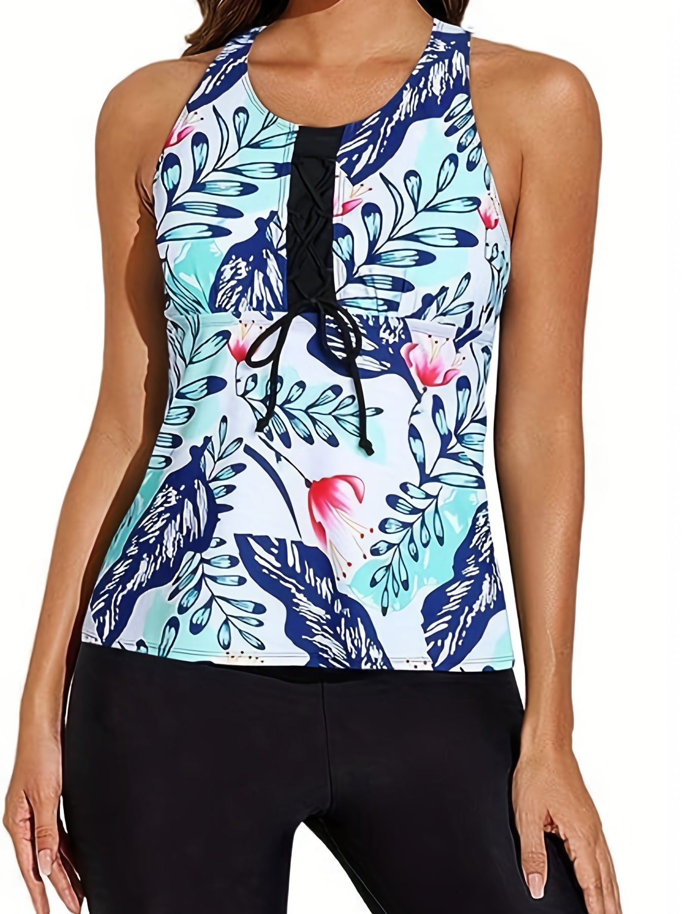  Floral Print Tankini Set Lace Racer Back Top & Shorts Swimsuit