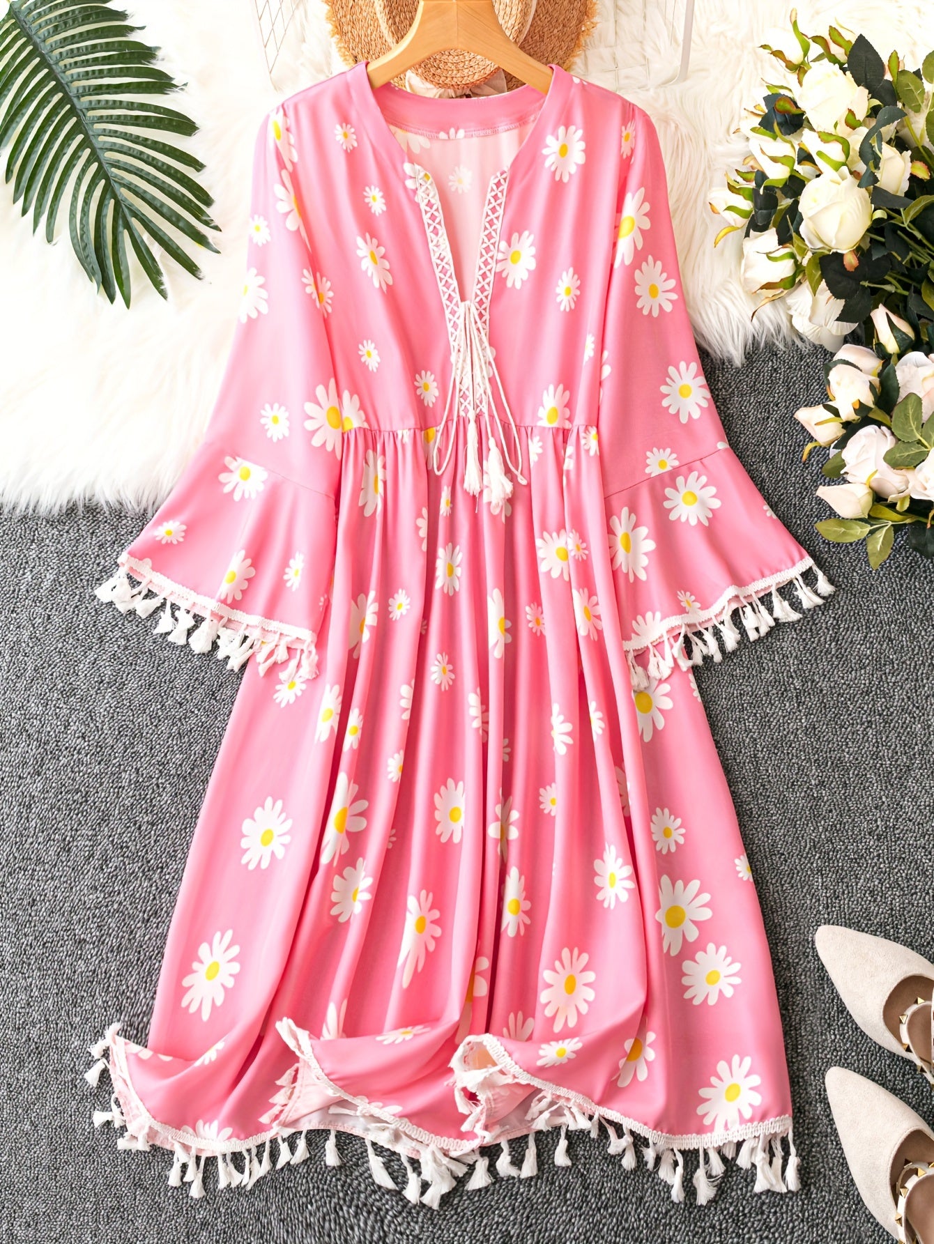  Casual Dress Women's Plus Floral Print Tassel Decor Dress