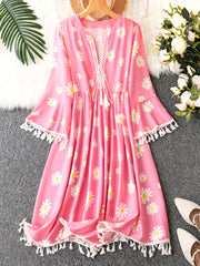  Casual Dress Women's Plus Floral Print Tassel Decor Dress