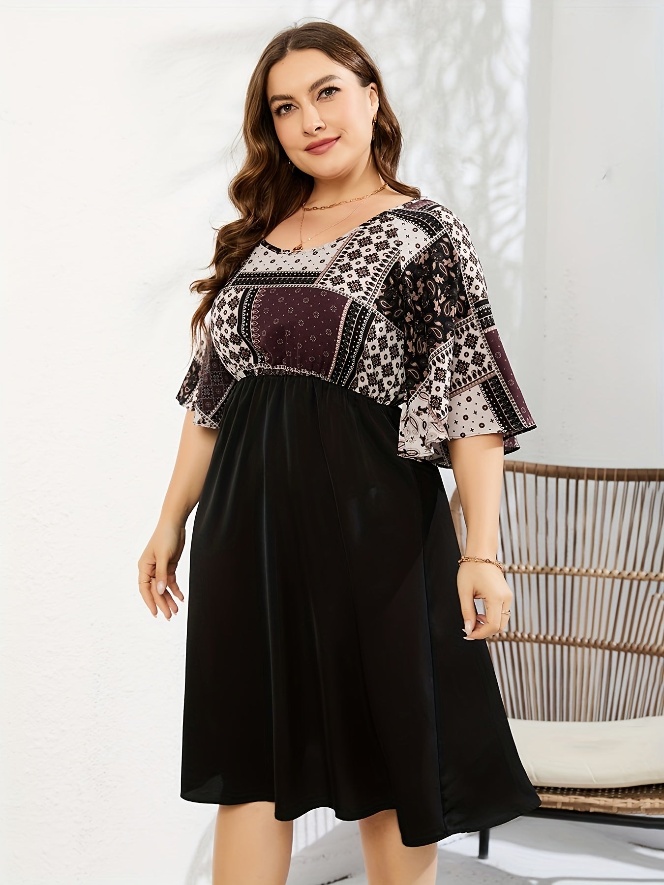  Colorblock Print Short Sleeve Round Neck Ruched Dress