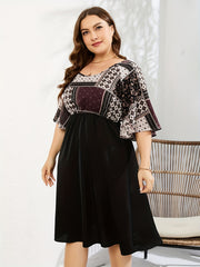  Colorblock Print Short Sleeve Round Neck Ruched Dress
