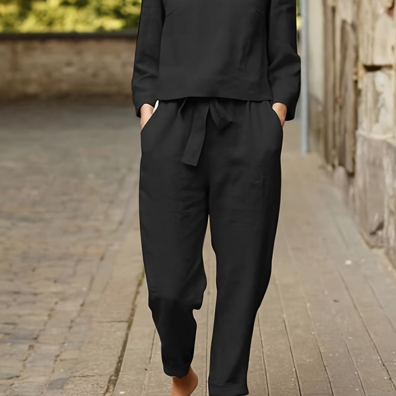 Casual Two Piece Set Solid Long Sleeve Tops & Loose High Waisted Pants