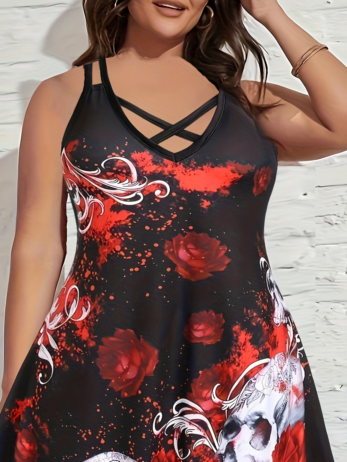  Floral Skull Print Split Strap Criss Cross Back A-line Dress