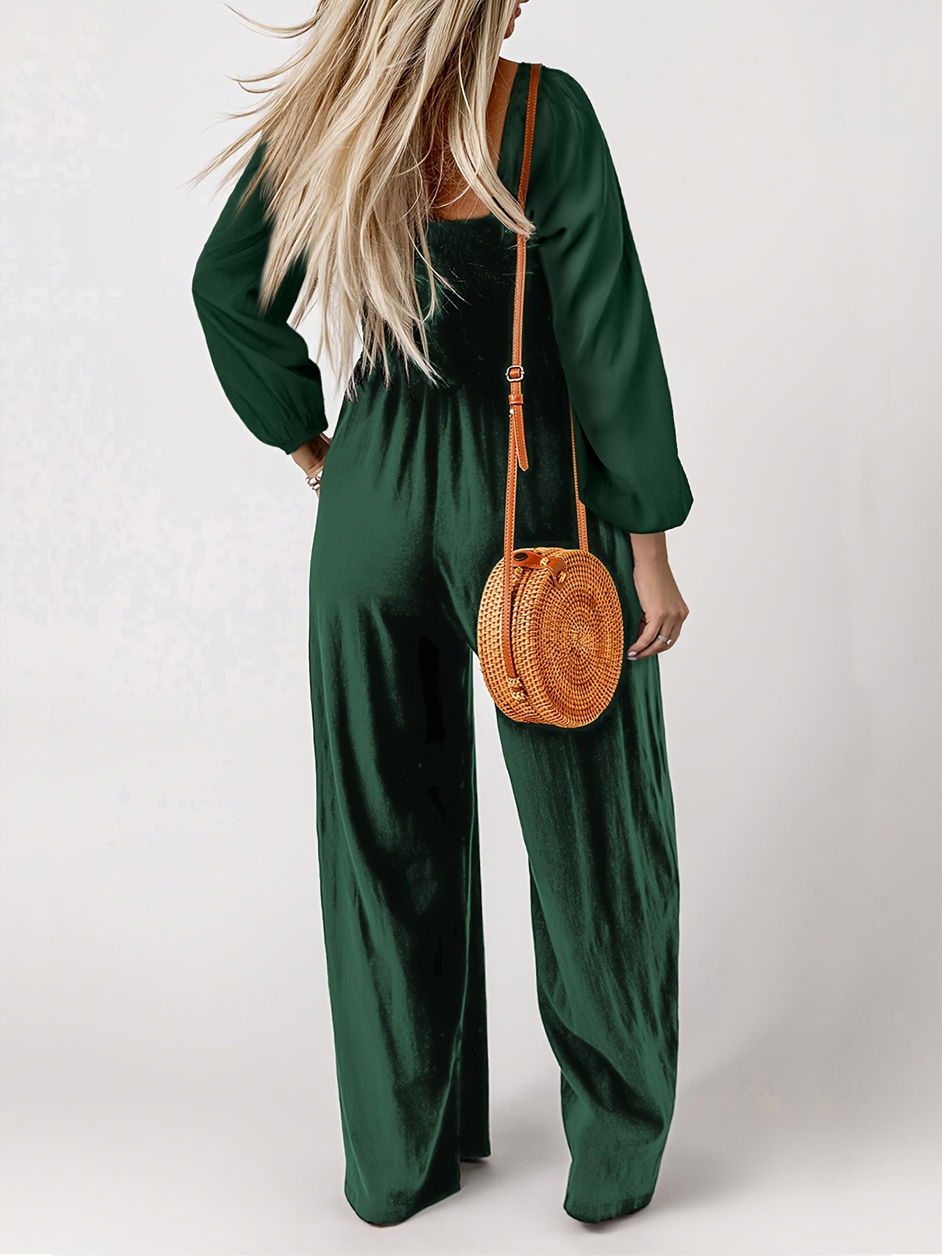  Solid Long Sleeve Square Neck Wide Leg Jumpsuit With Belt