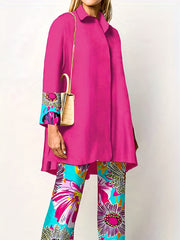  Colorblock Floral Print Blouse & Pants Set