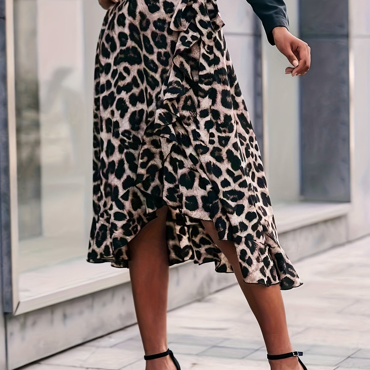 Leopard Print Ruffle Trim Skirt Boho Tie Waist Skirt