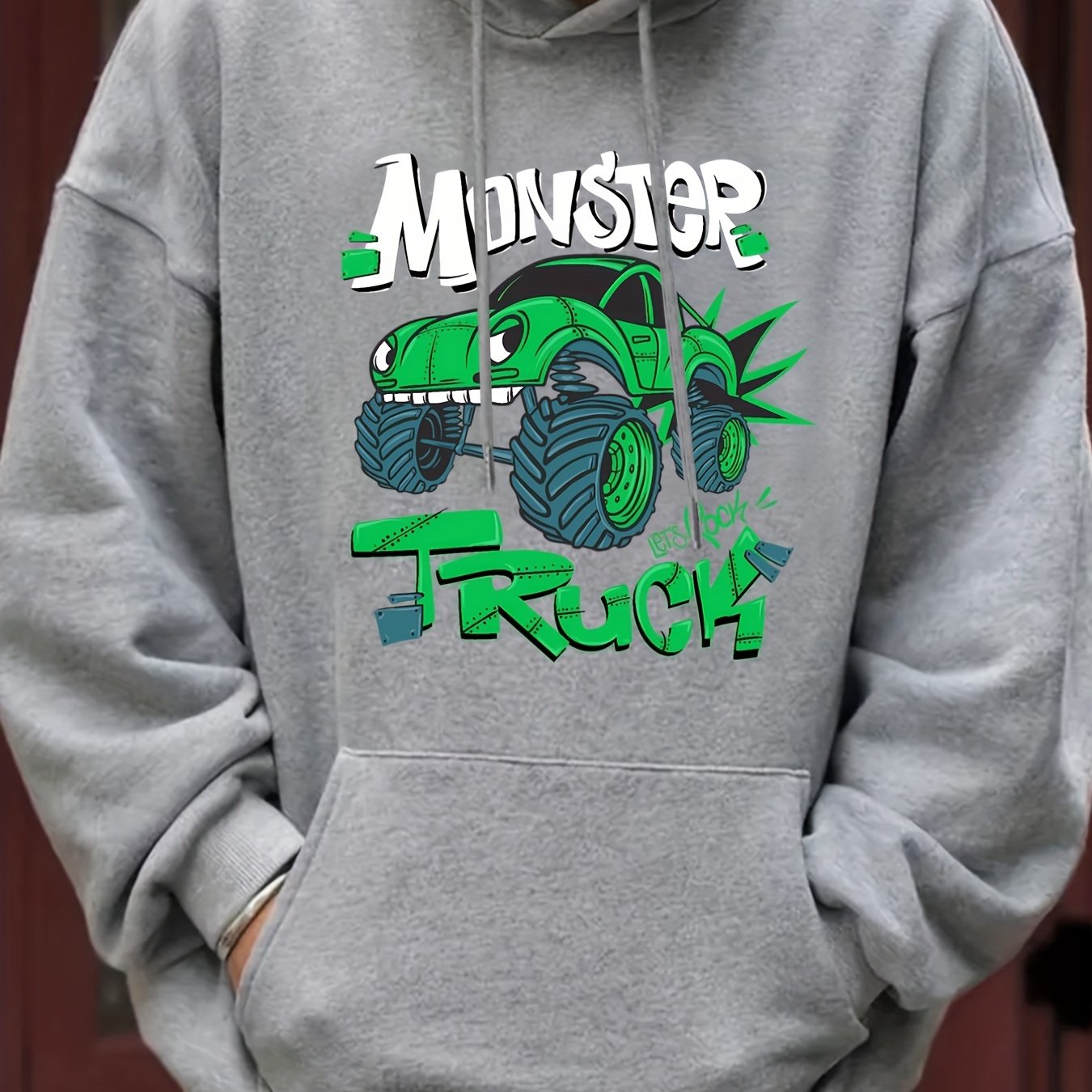 Men's Car Monster Print Hooded Sweatshirt Long Sleeve Drawstrings