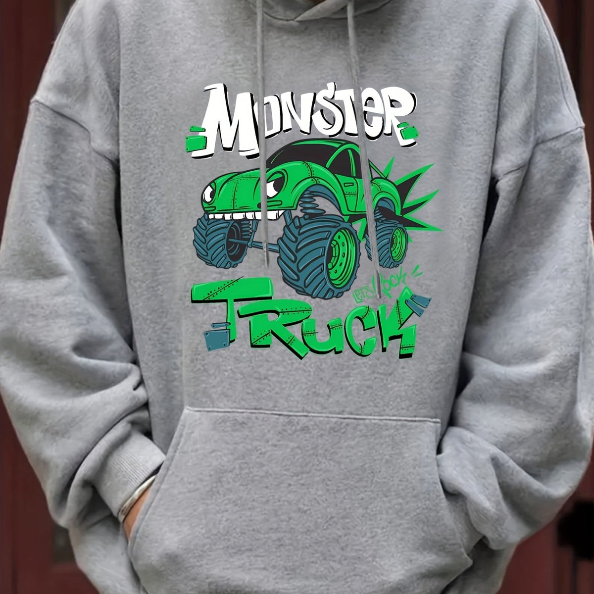 Men's Car Monster Print Hooded Sweatshirt Long Sleeve Drawstrings