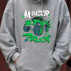 Men's Car Monster Print Hooded Sweatshirt Long Sleeve Drawstrings