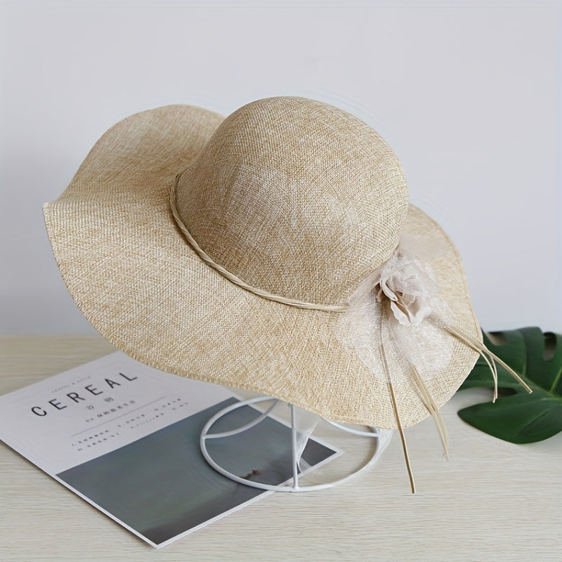 Wide Brim Beach Hat Lace Flower Rope Knot Sun Hat Solid Sunscreen Bucket Hat