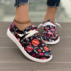 Women's Skate Shoes with Heart & Lips Pattern, Lace-up Canvas