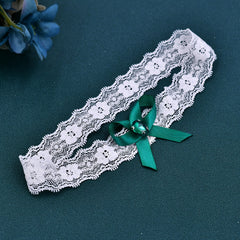 Vintage Lace Garter Bands with Rhinestone Accents and Teal Bow