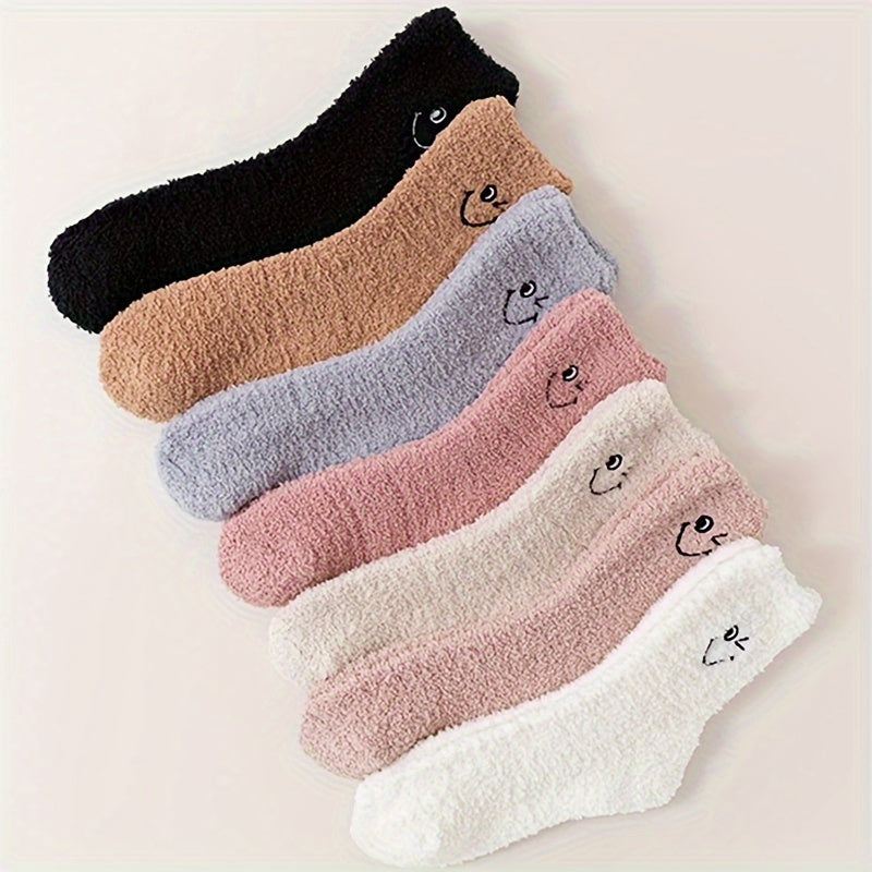 7 Pairs Smile Print Fuzzy Socks Comfy & Warm Mid Tube Socks