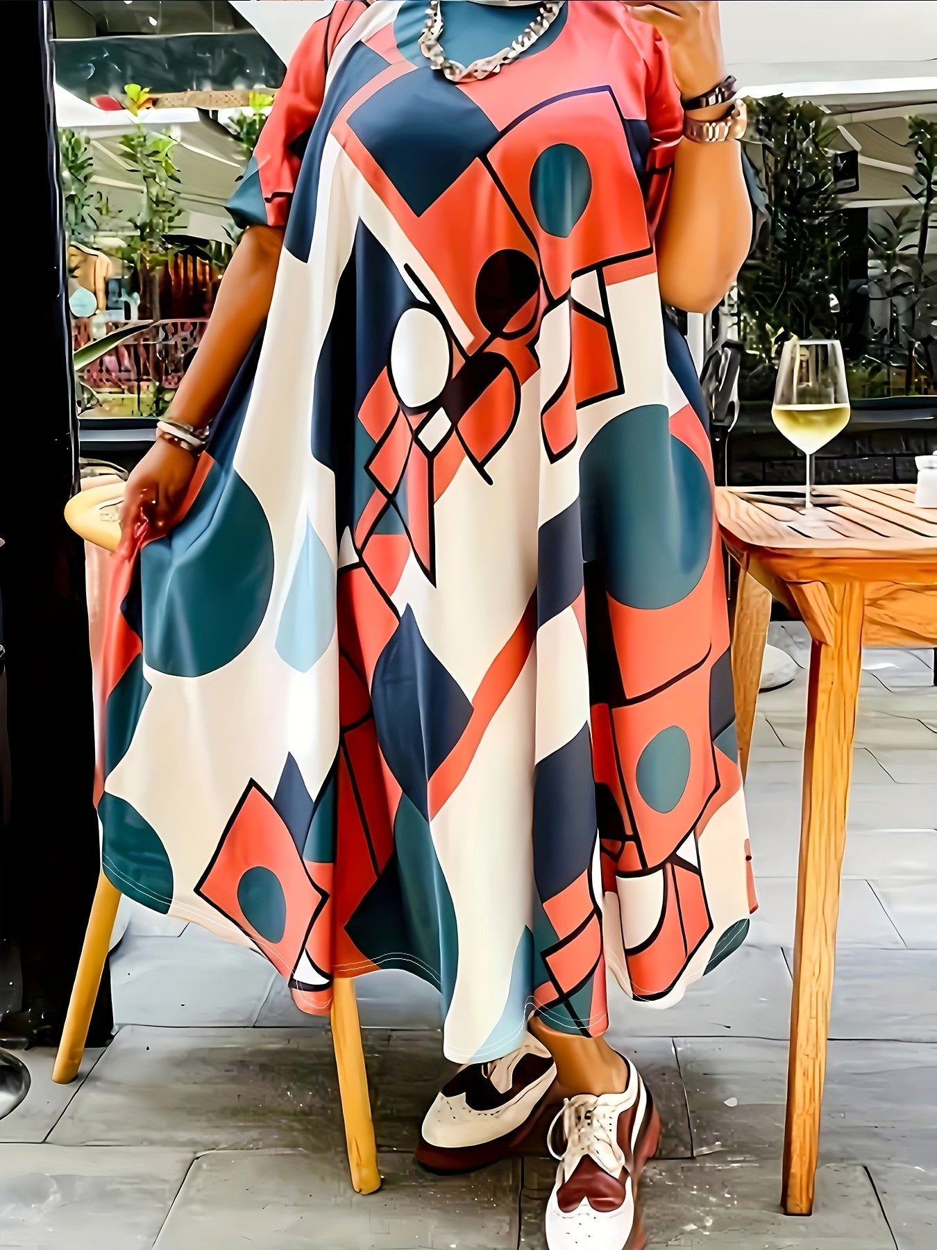  Colorblock Geometric Print Maxi Dress