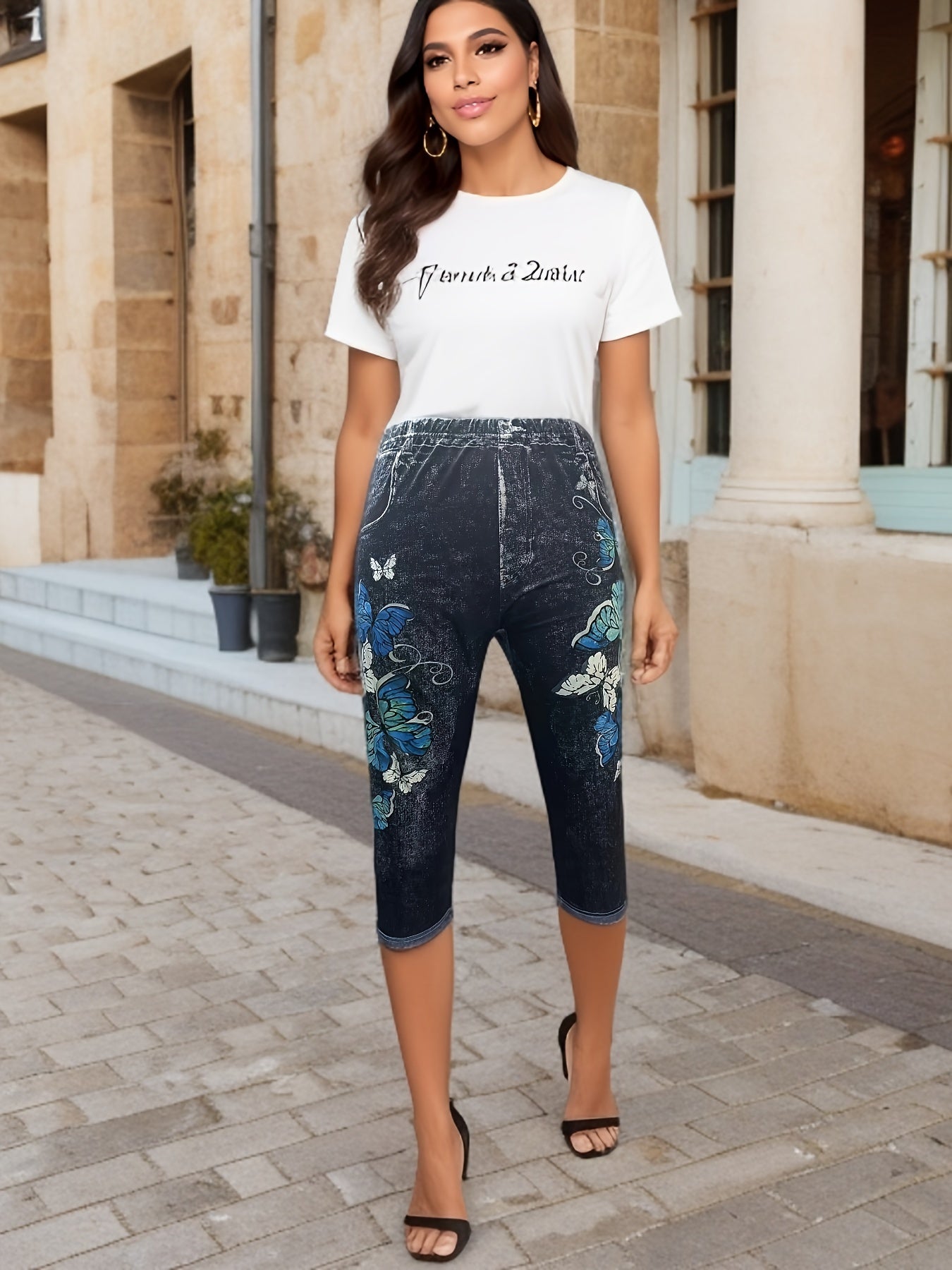  Denim Print Clam Digger Leggings, Women's Plus