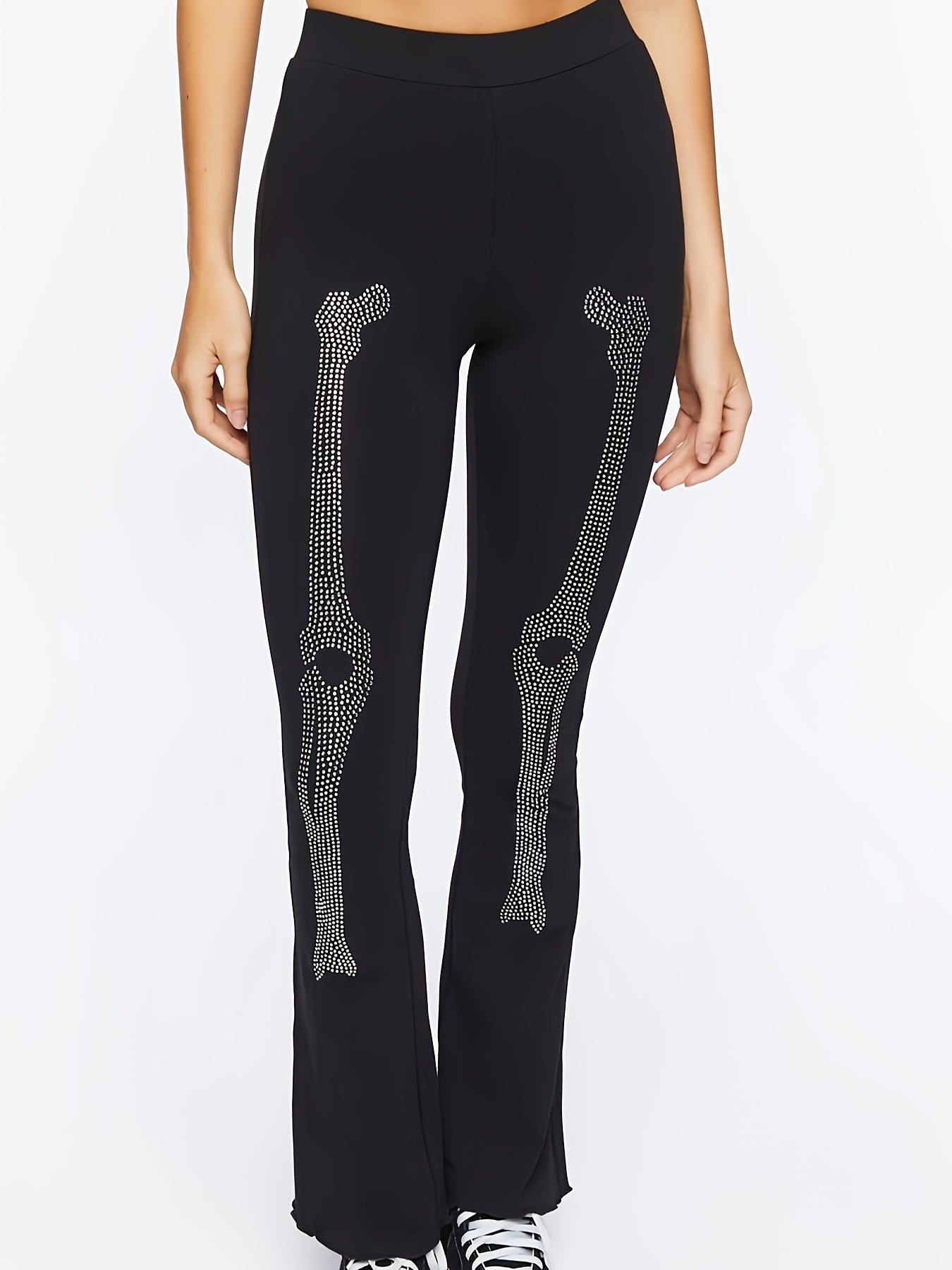  Halloween Goth Leggings Rhinestone Skull Print Flare Leggin