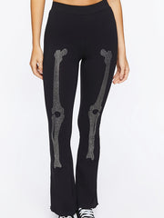  Halloween Goth Leggings Rhinestone Skull Print Flare Leggin