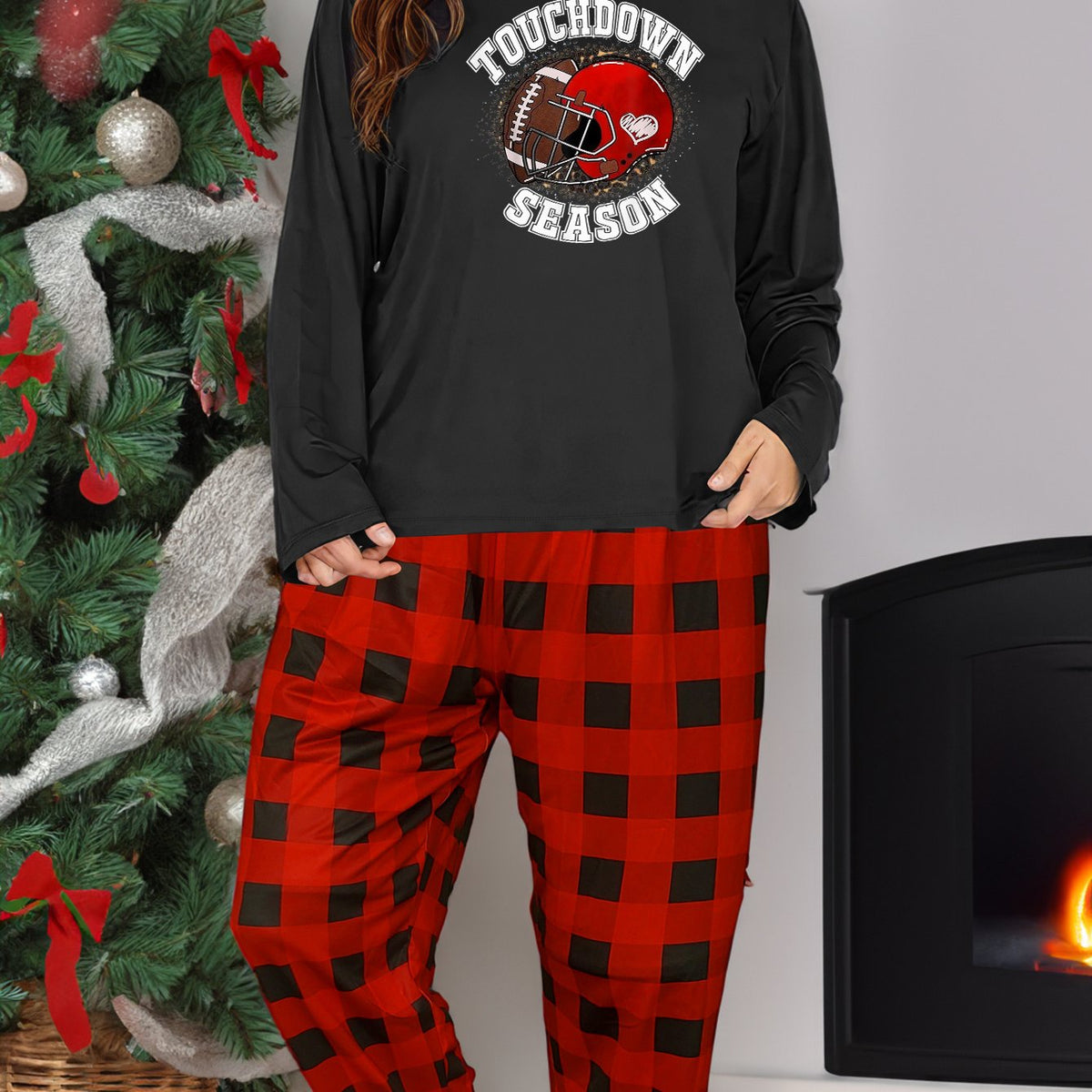  Sporty Lounge Set Rugby Print Long Sleeve Tee & Plaid Pants Pajamas