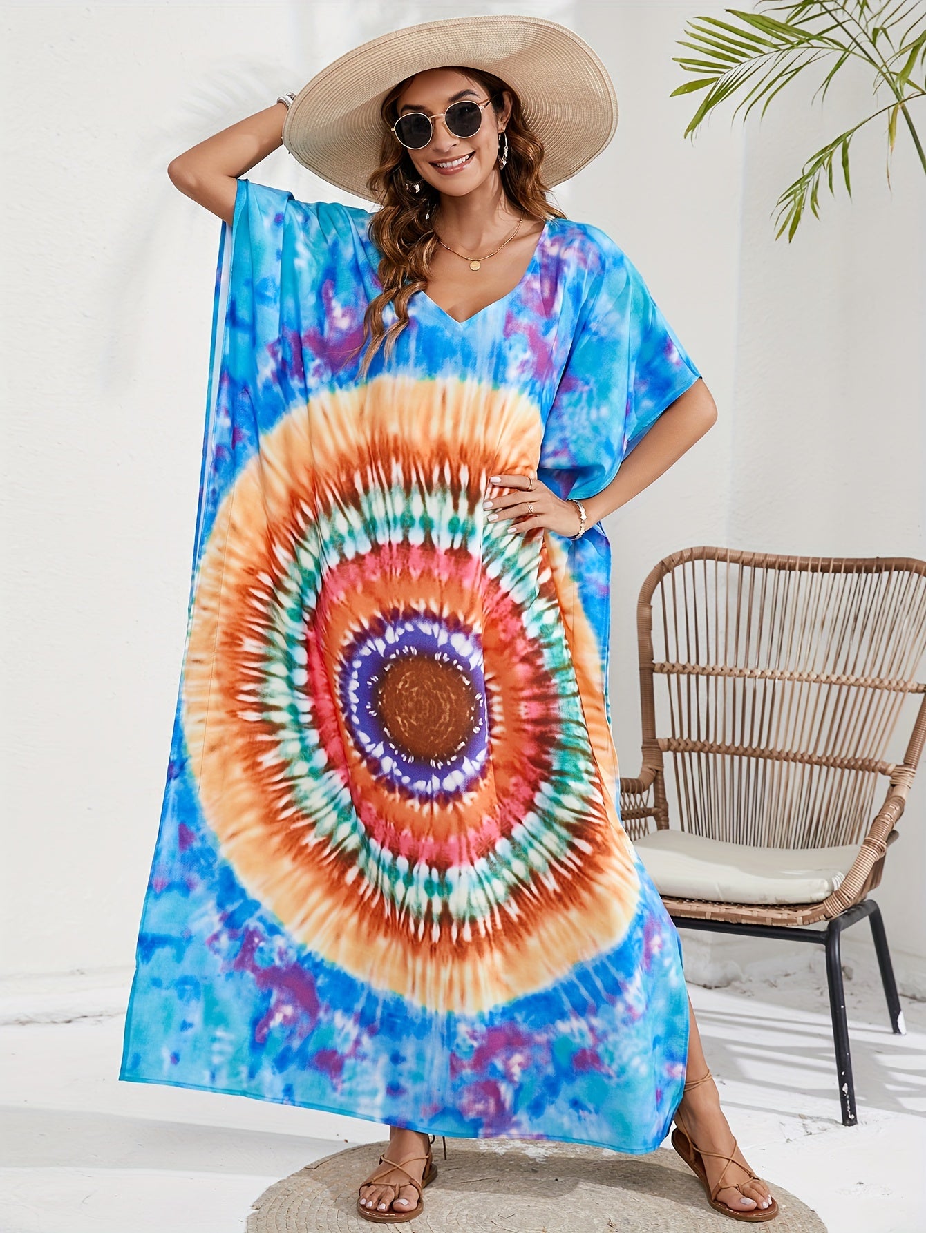  Boho Tie Dye Batwing Sleeve V Neck Maxi Cover Up
