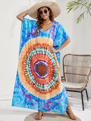  Boho Tie Dye Batwing Sleeve V Neck Maxi Cover Up