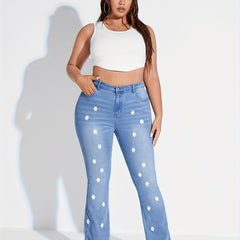  Star Print Button Fly High Rise Skinny Flared Jeans