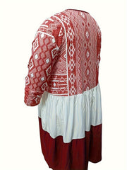  Boho Dress Colorblock Geometric Print Long Sleeve Smock Dress
