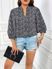  Allover Print Lantern Sleeve Mock Neck Blouse
