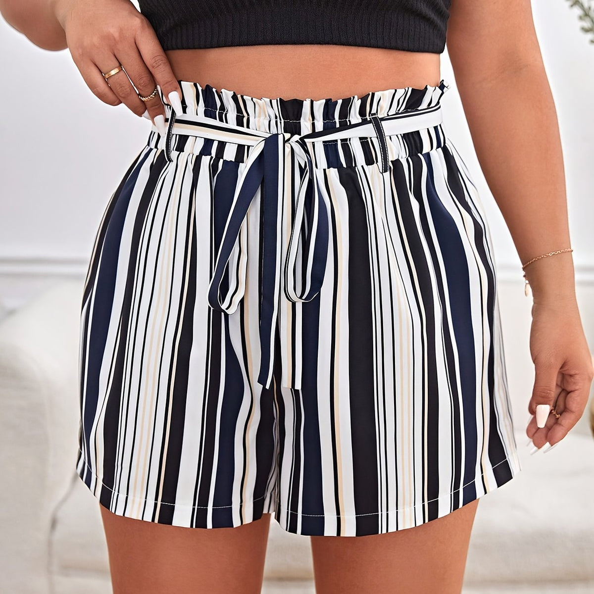 Women's Plus Stripe Print High Rise Shorts with Belt