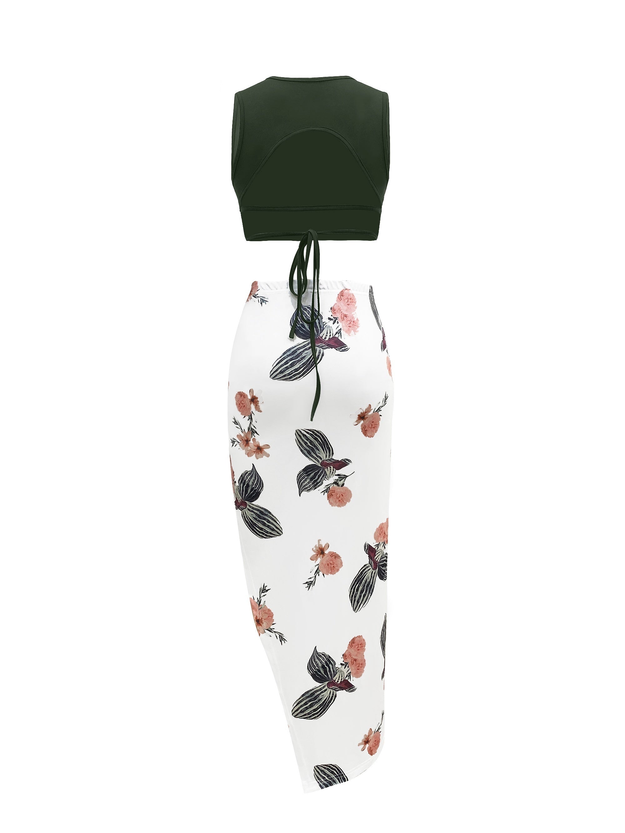 Casual Spring & Summer 2pc Set Solid Cropped Tops & Floral Print Split Skirts