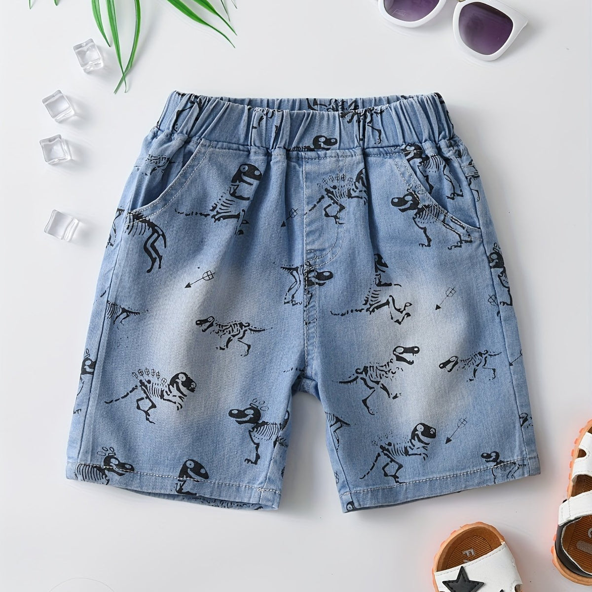 Skeleton Dinosaur Print Boys Denim Shorts