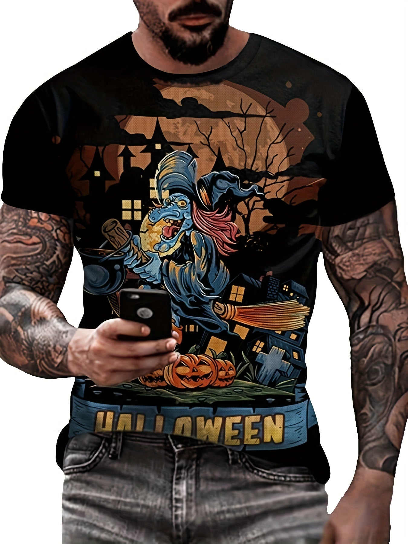 Men's Cartoon Witch T Shirt 3D Print Casual Tee For Halloween