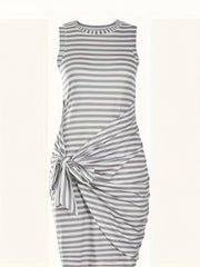 Women's Plus Stripe Print Round Neck Knot High Stretch Tank Dress