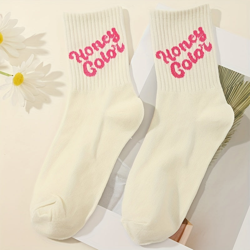 5 Pairs Letter & Heart Print Socks Women's Stockings