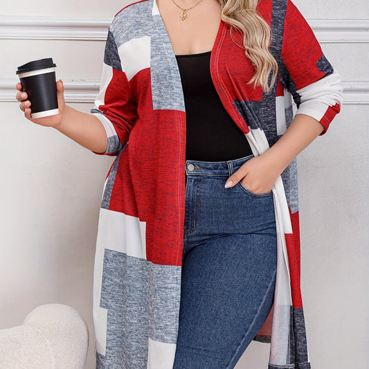  Colorblock Geometric Print Open Front Cardigan