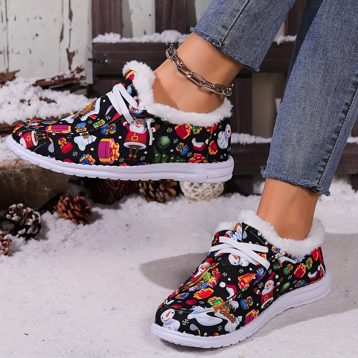 Women's Christmas Snow Boots Santa Snowflakes Cartoon Winter Plush Warm Flat