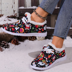 Women's Christmas Snow Boots Santa Snowflakes Cartoon Winter Plush Warm Flat