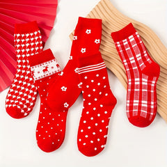 5 Pairs Christmas Print Socks Women's Stockings & Hosiery